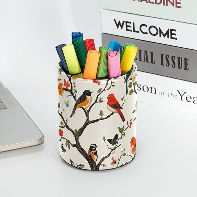 Leather Pen Holder for Desk, Colored Birds Flowers Trees Pencil Cup Desktop - Image 5