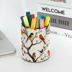 Leather Pen Holder for Desk, Colored Birds Flowers Trees Pencil Cup Desktop - Image 5