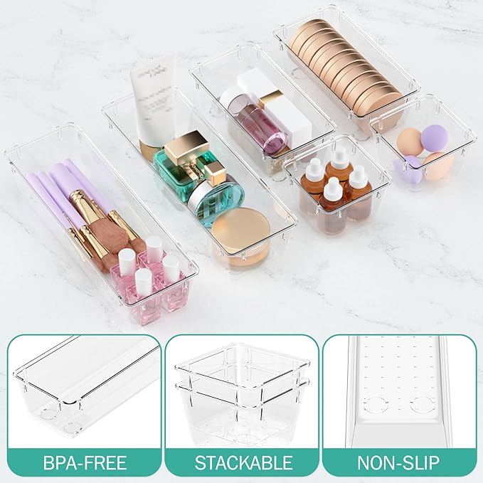 WOWBOX 6 Pack Clear Drawer Organizer Set, Acrylic Drawer Storage Trays - Image 3