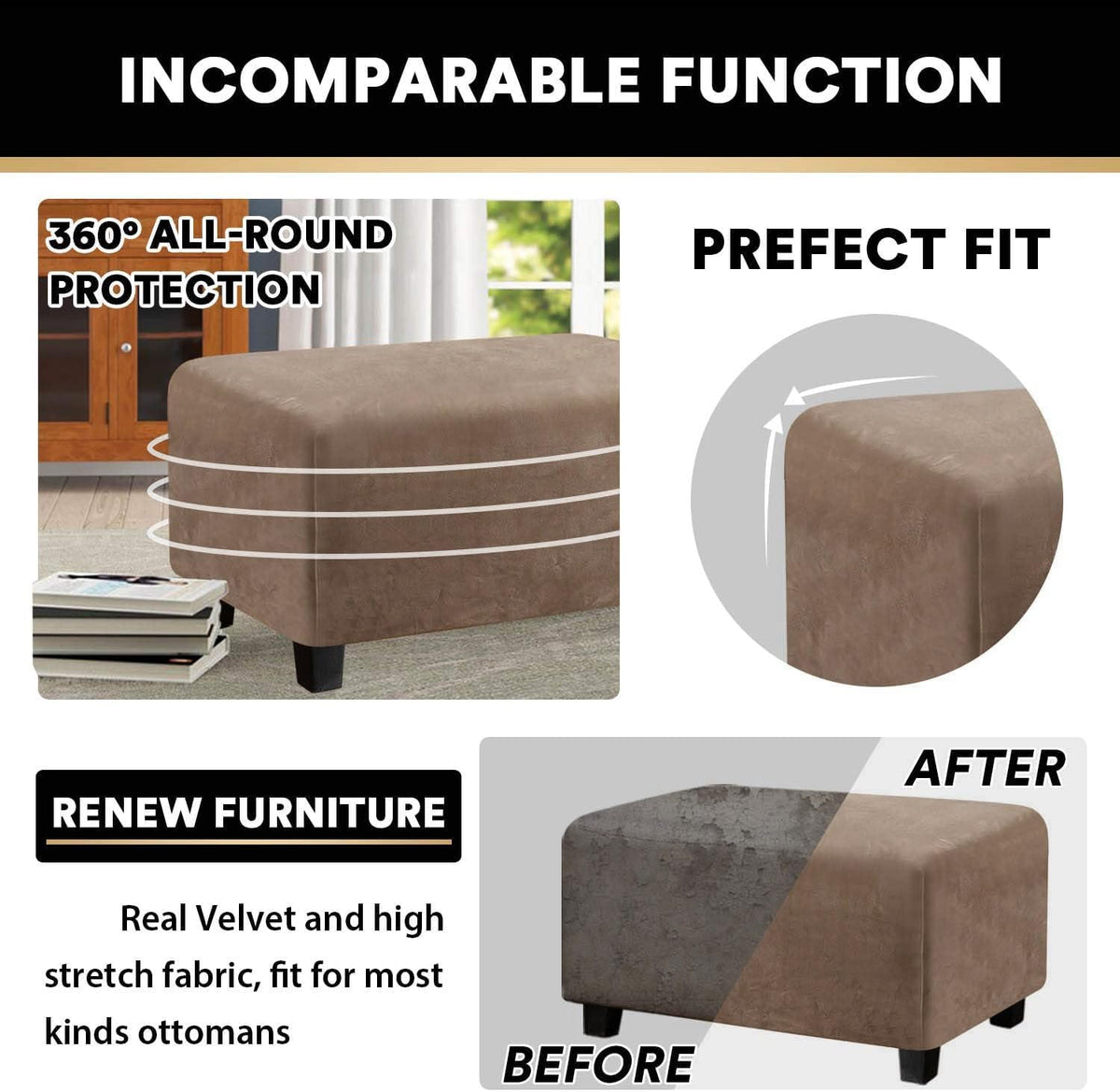 PrinceDeco Velvet Ottoman Cover Rectangle Folding Storage Cover,XL,Camel