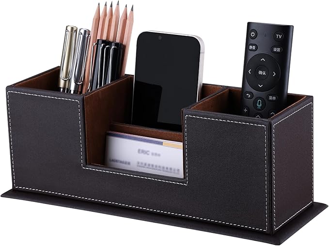 KINGFOM™ Double Holder Wood Leather Multi-Function Desk Stationery Organizer by KingfomLeatherHomeOfficeDecor