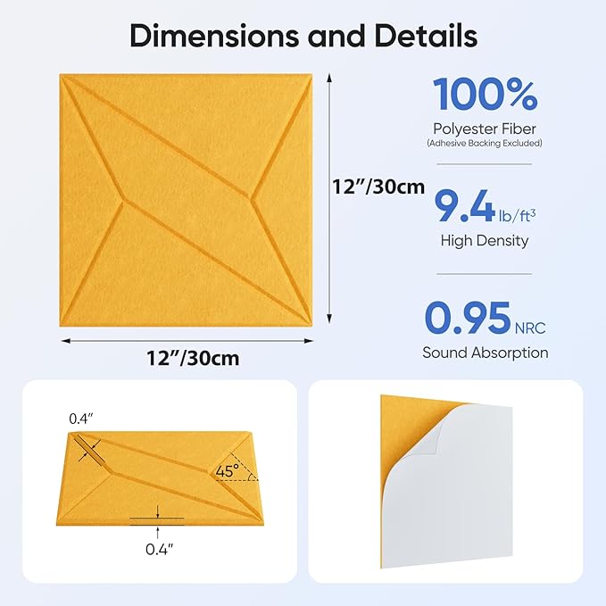 UNECHO 12 Pack 12" X 12" X 0.4" Acoustic Panels - Image 3