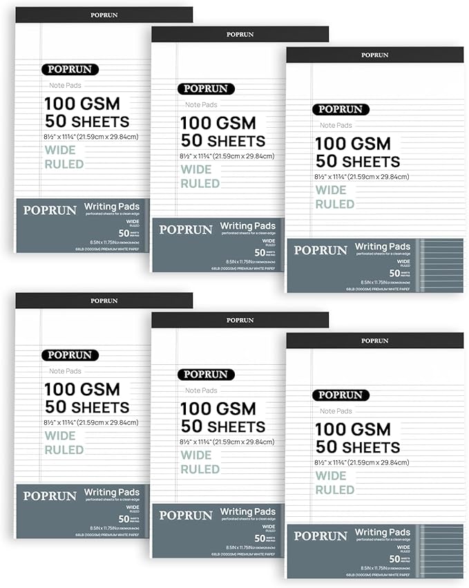 POPRUN White Legal Pads 8.5 x 11.75 Wide Ruled, 100GSM Writing Paper Pad by POPRUN