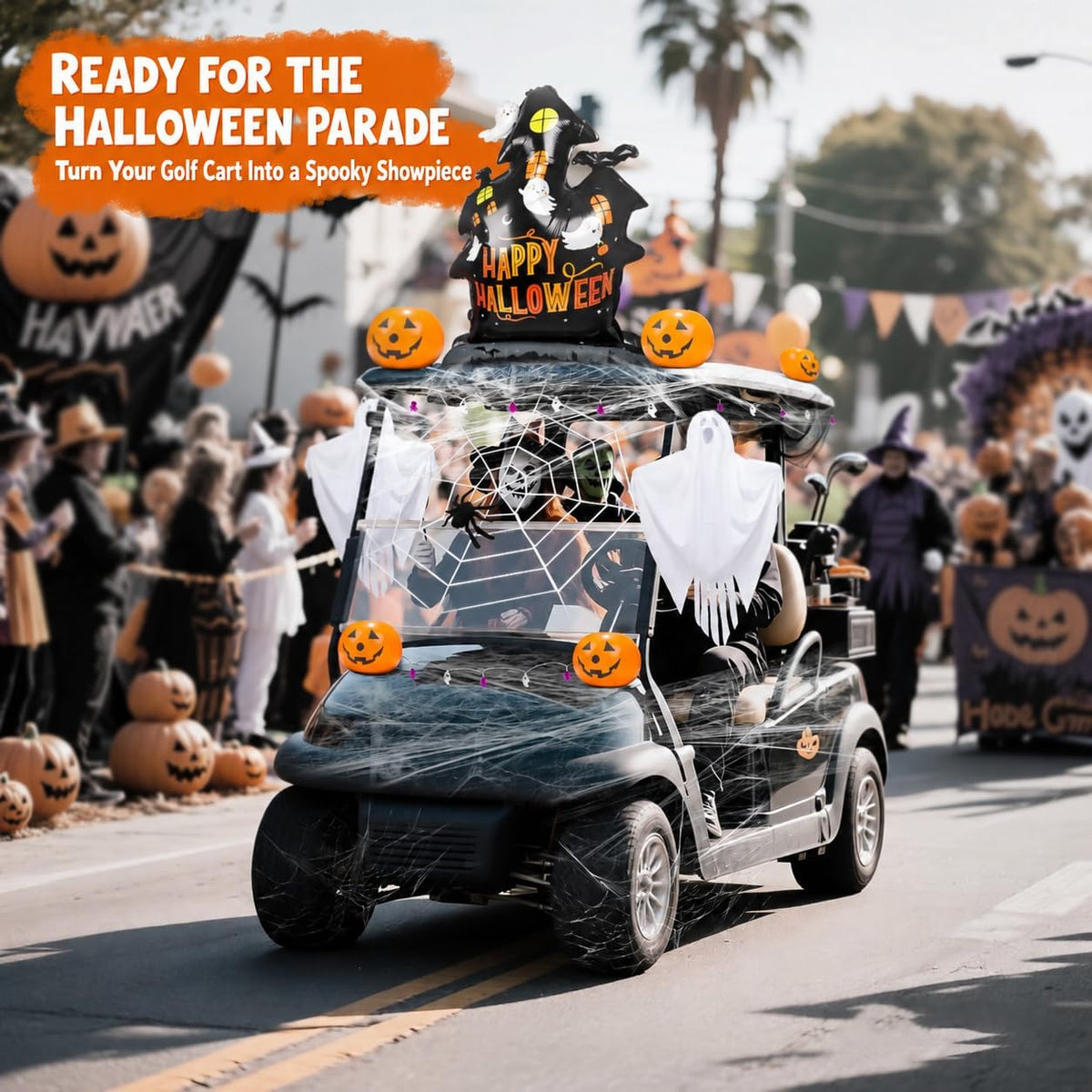 Halloween Golf Cart Decorations Kit, Ghosts, Spider Web, Pumpkins, Lights