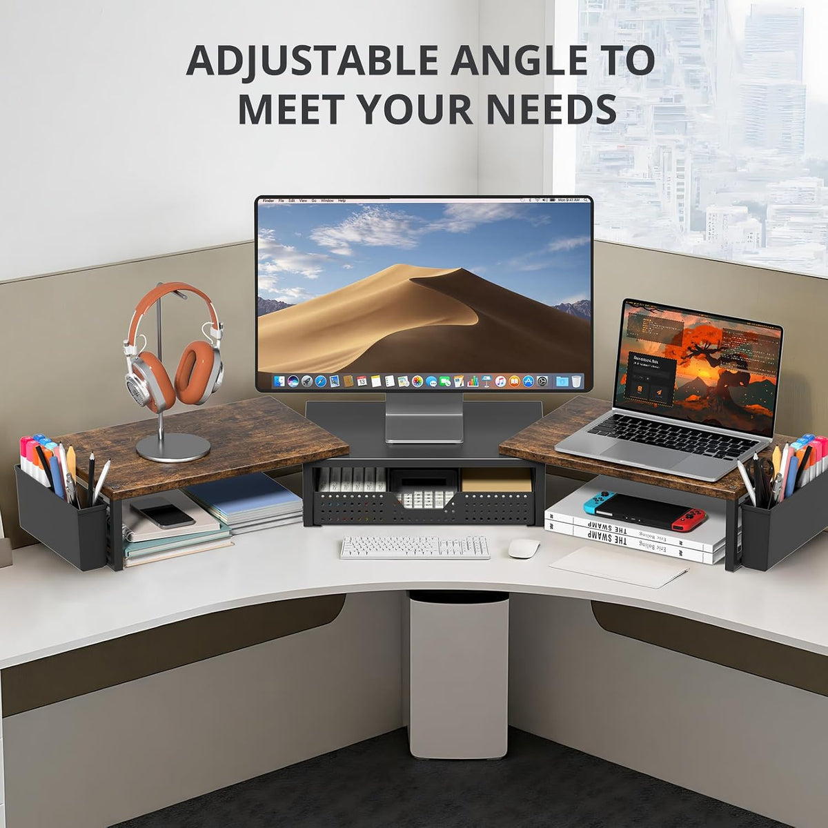 opnice desk organizers and accessories, dual monitor stand, side view