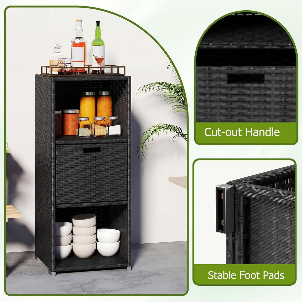 HAPPYGRILL Outdoor Storage Cabinet PE Rattan Wicker Storage Shed Organizer wi...