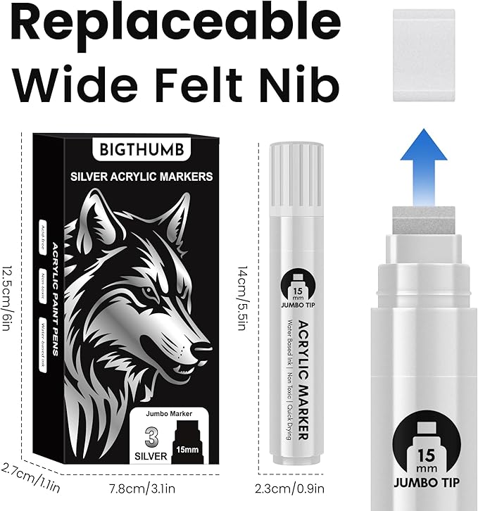 BIGTHUMB 3 Pcs Silver Jumbo Permanent Markers: 15mm Wide Tip Thick Acrylic - Image 5