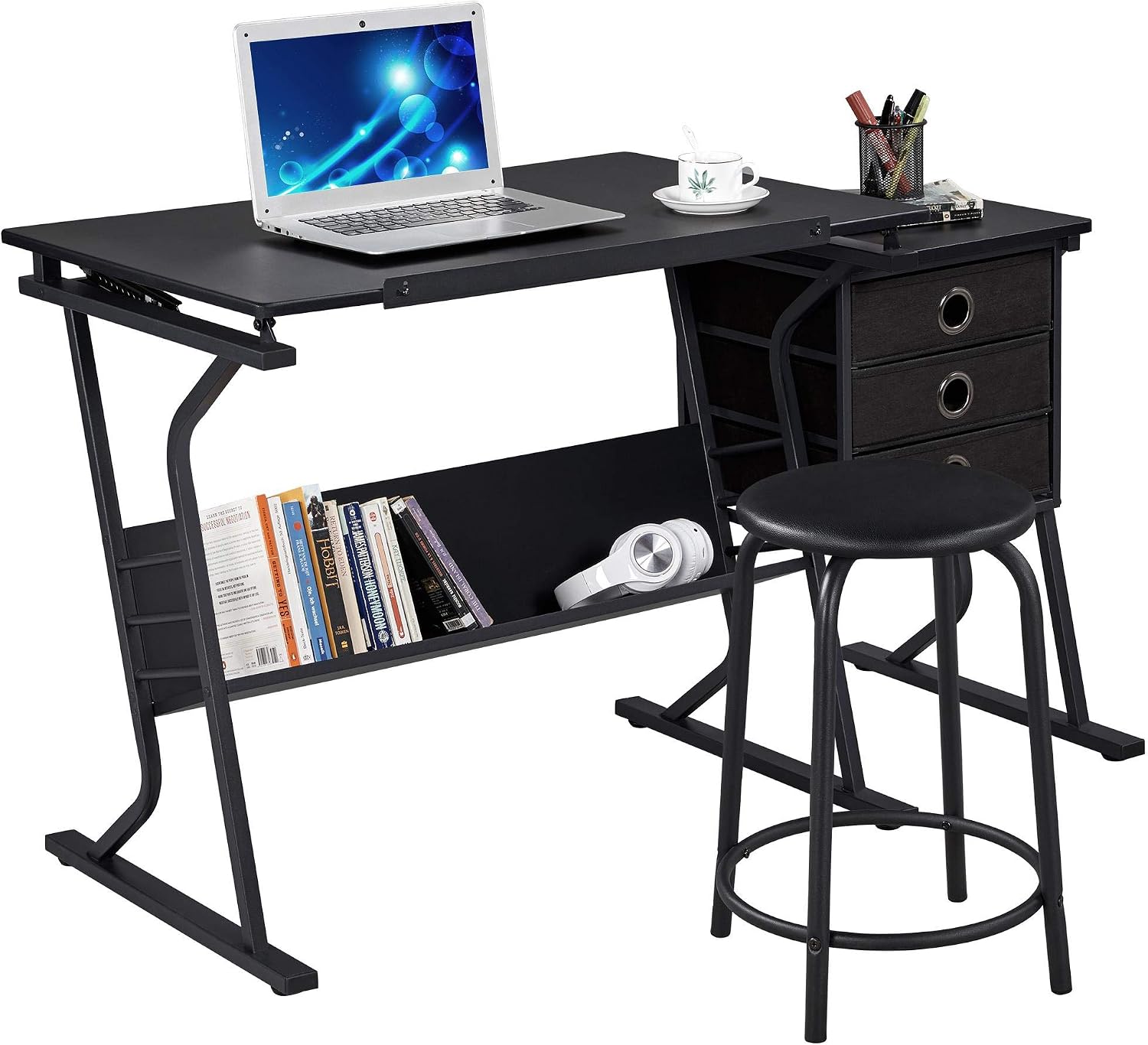 Yaheetech Tilting Drafting Table Art Craft Desk with Stool, Drawers, Black | Steel frame and MDF top adjusts 0-40° for drawing or diamond painting; 3 drawers and shelf organize supplies in small spaces.