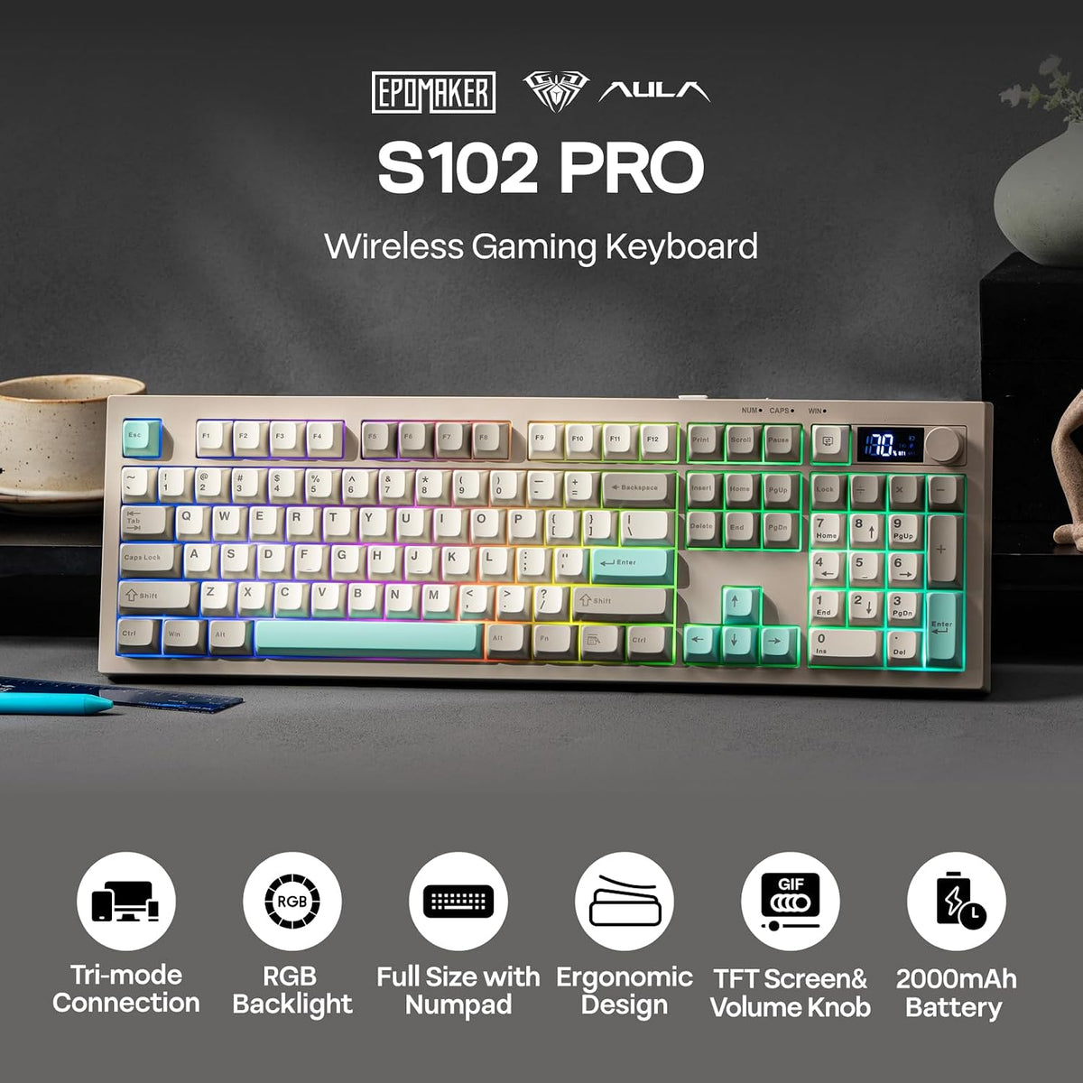 EPOMAKER Aula S102 PRO Membrane Gaming Keyboard w/TFT Screen & Volume Knob