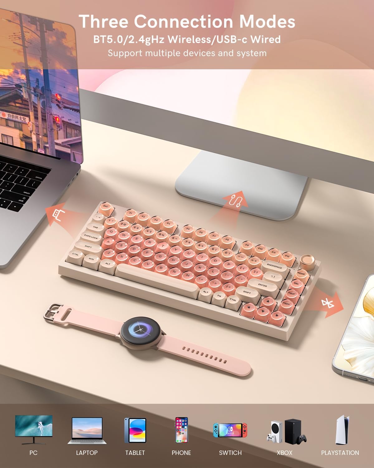 WK75 Wireless Mechanical Keyboard, Pink Creamy Keyboard with Knob