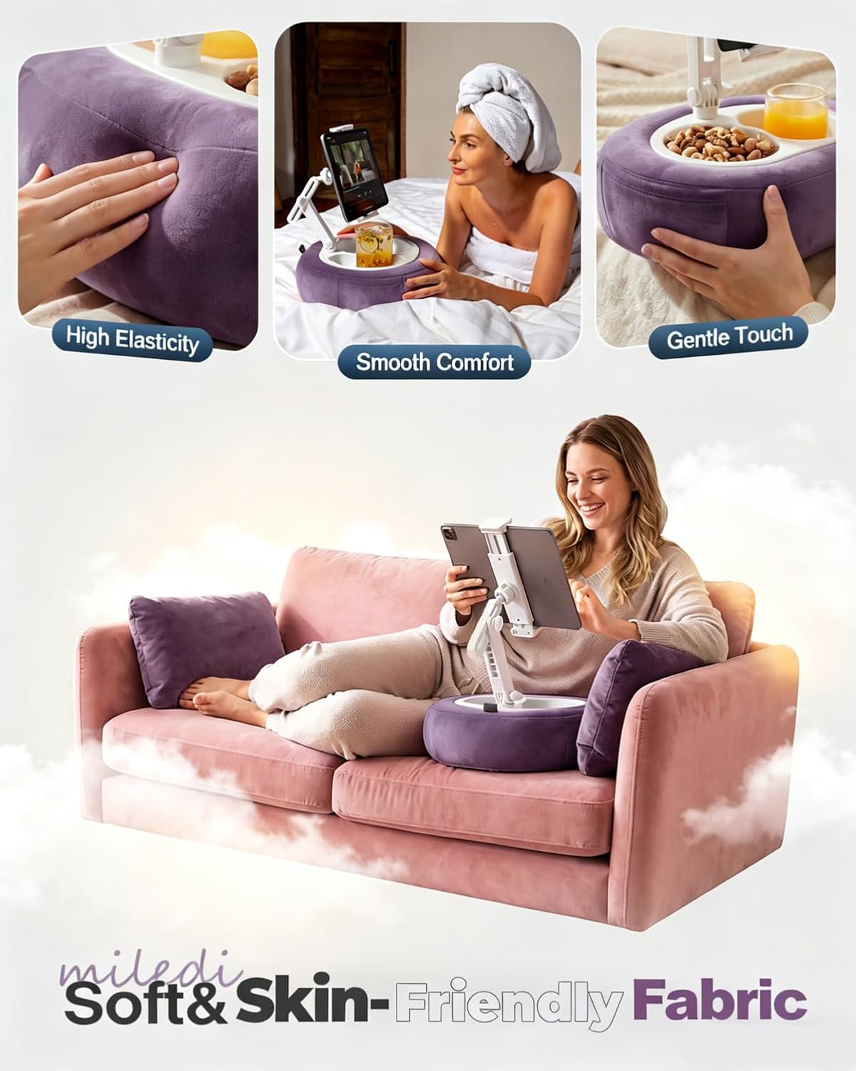 Miledi Tablet Pillow Stand for Bed with 360° Rotating Holder, Purple