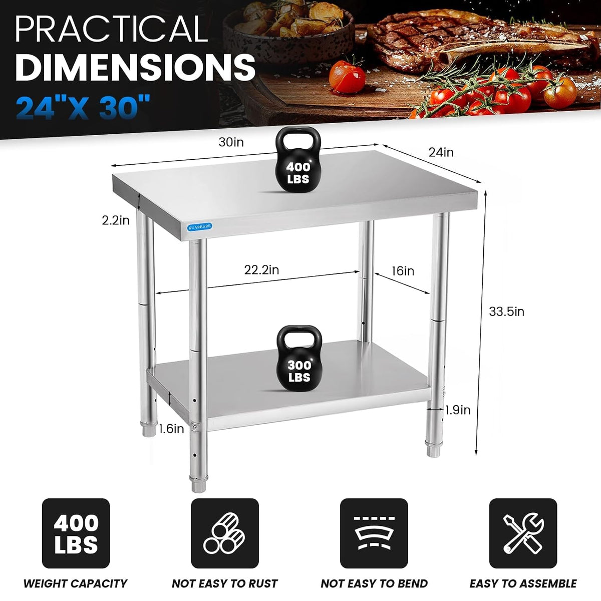 KUARBARR Stainless Steel Table for Prep & Work with Undershelf 24 x 30 In...
