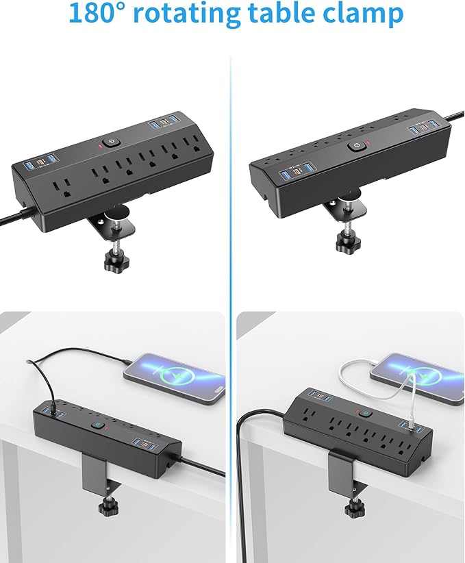 Desk Clamp Power Strip 2 USB C Desktop Mount Outlet Charging Station, 10FT - Image 8