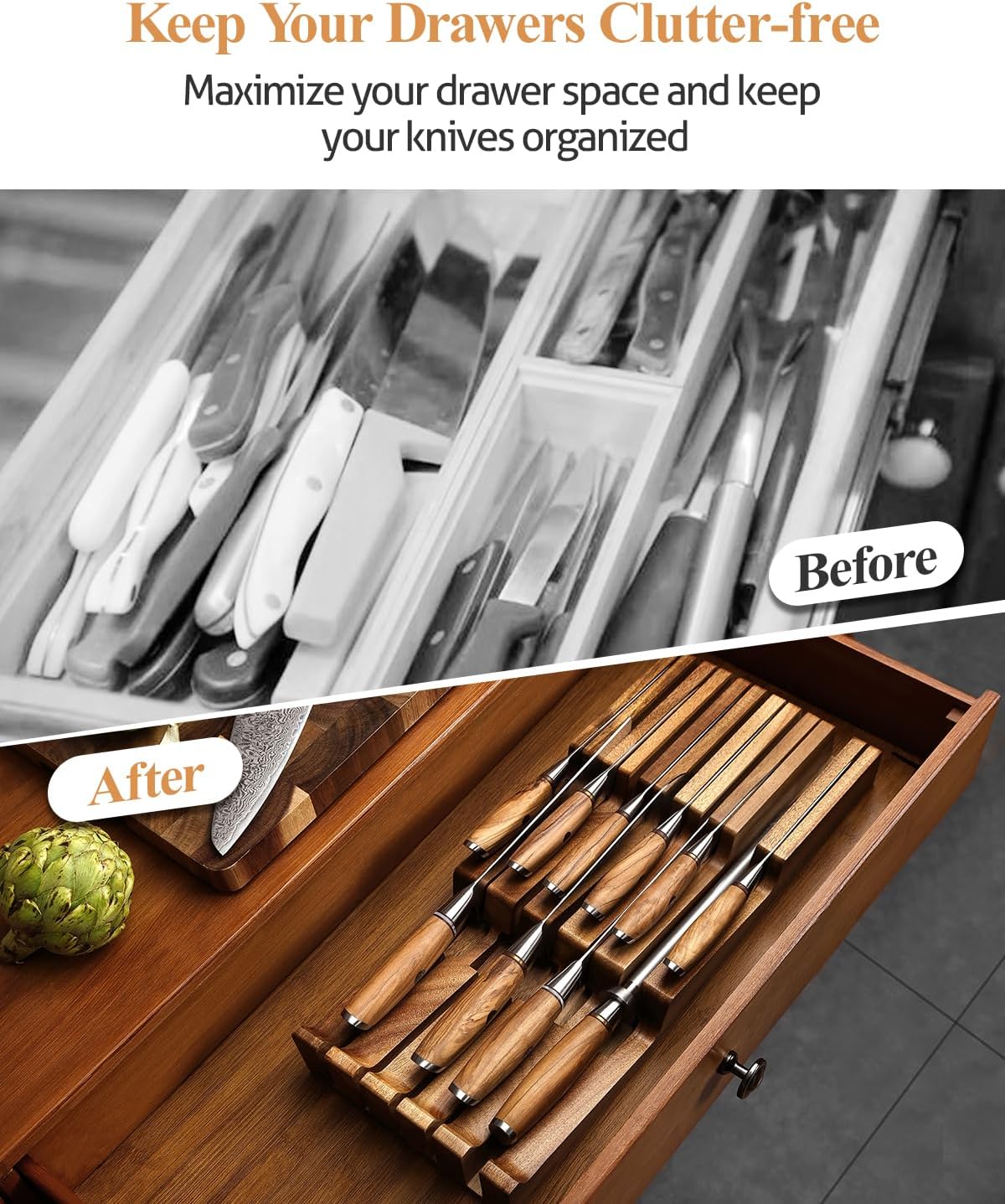 XINZUO In-drawer Knife Block, Natural Acacia Knife Drawer Oganizer, Insert-Ki...
