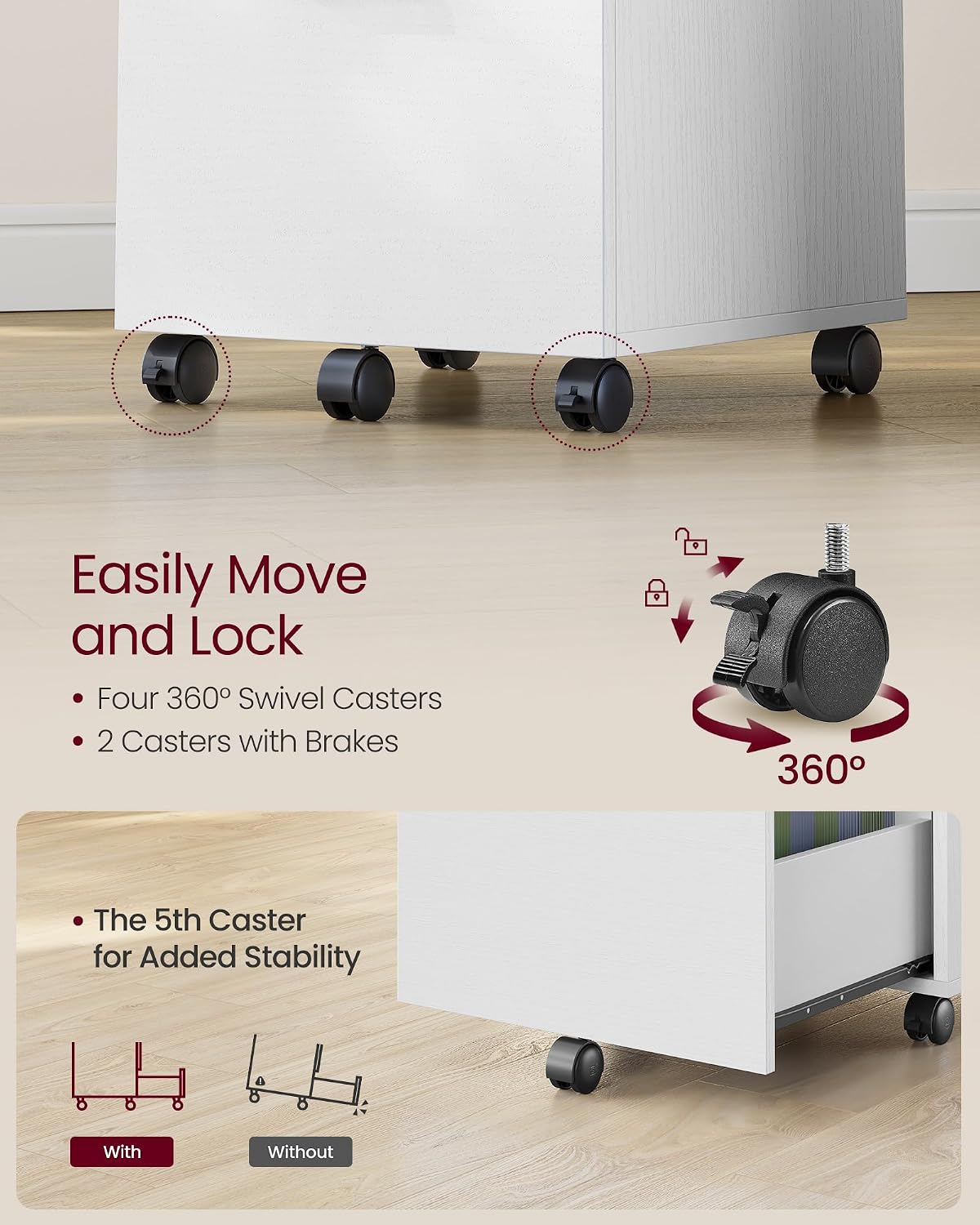vasagle 2-drawer file cabinet, small rolling filing cabinet showing dimensions