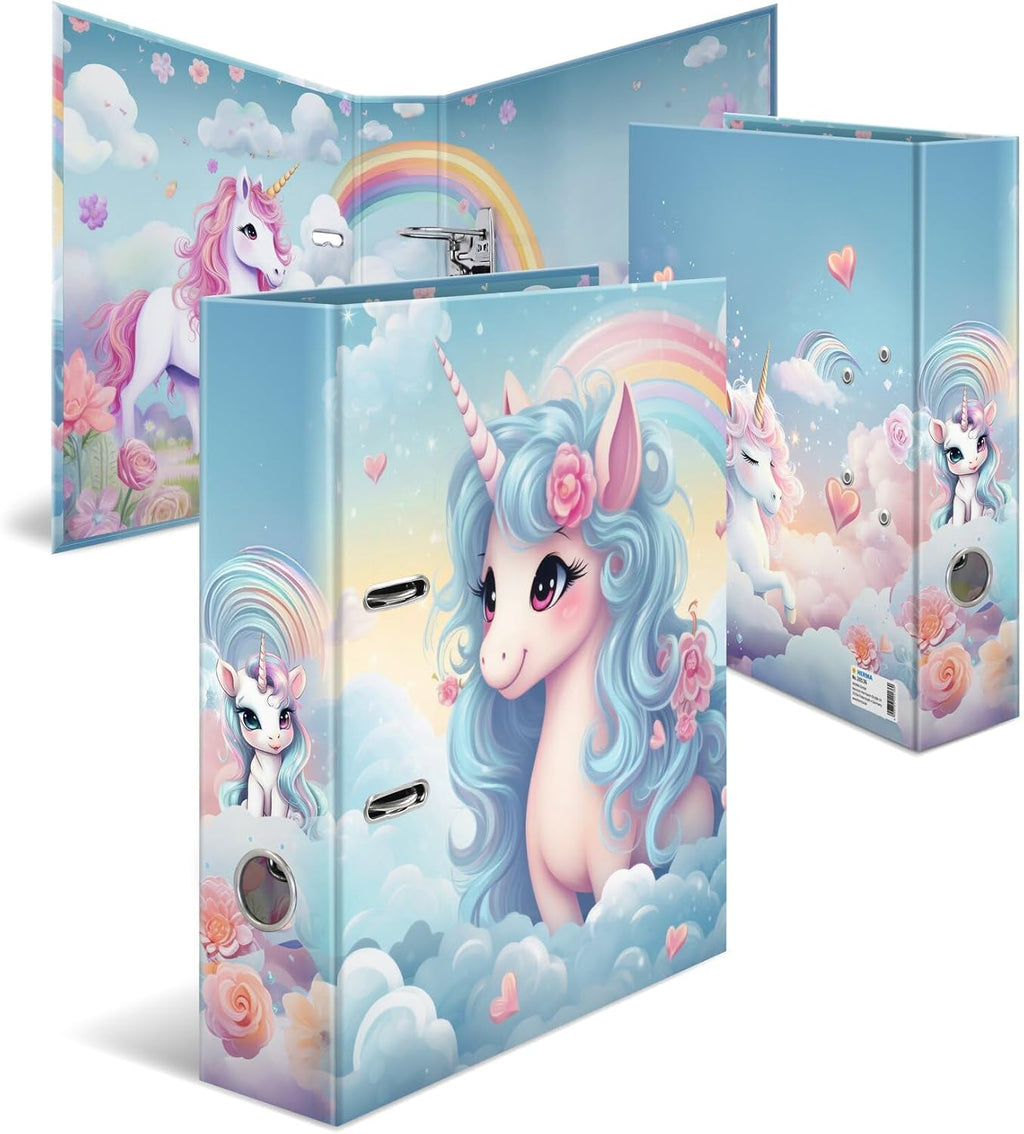 HERMA A4 Lever Arch File Happy Unicorn, 70mm Spine, Heavy Duty Folder with Animal Motif, Glossy Finish & Inner Print, Kids Ring Binder, Archiving Folder & Storage File Organizer