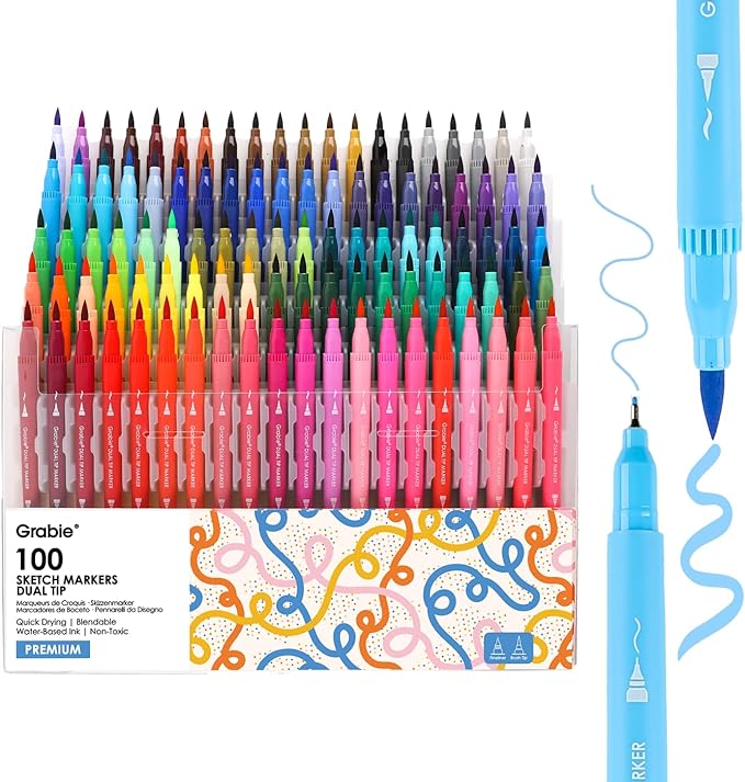 Grabie Dual Tip Water-Based Sketch Marker Set of 100, Fineliner & Brush Drawing by Grabie