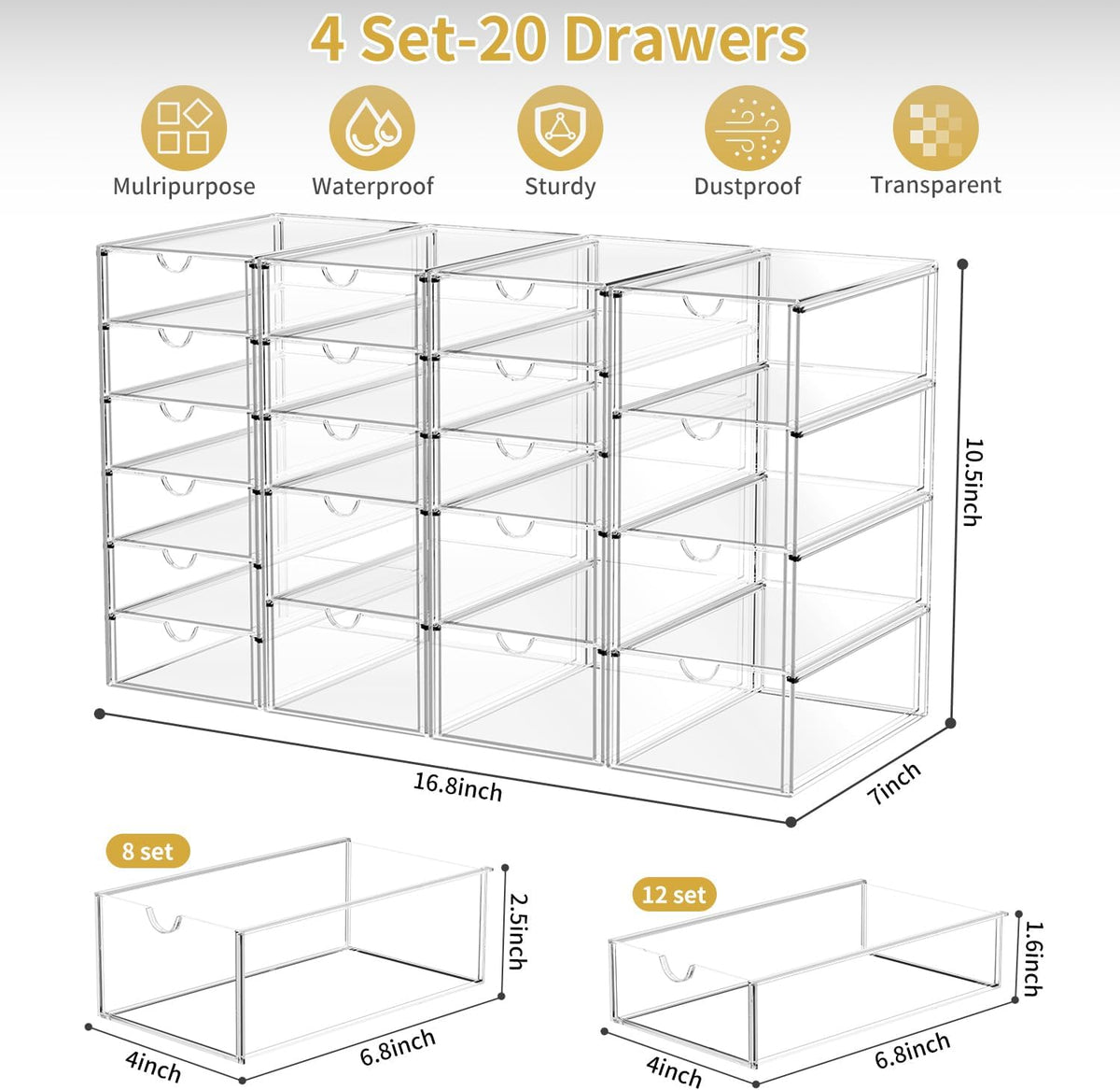 20 Drawers Acrylic Makeup Organizer, stackable Acrylic Storage Drawer