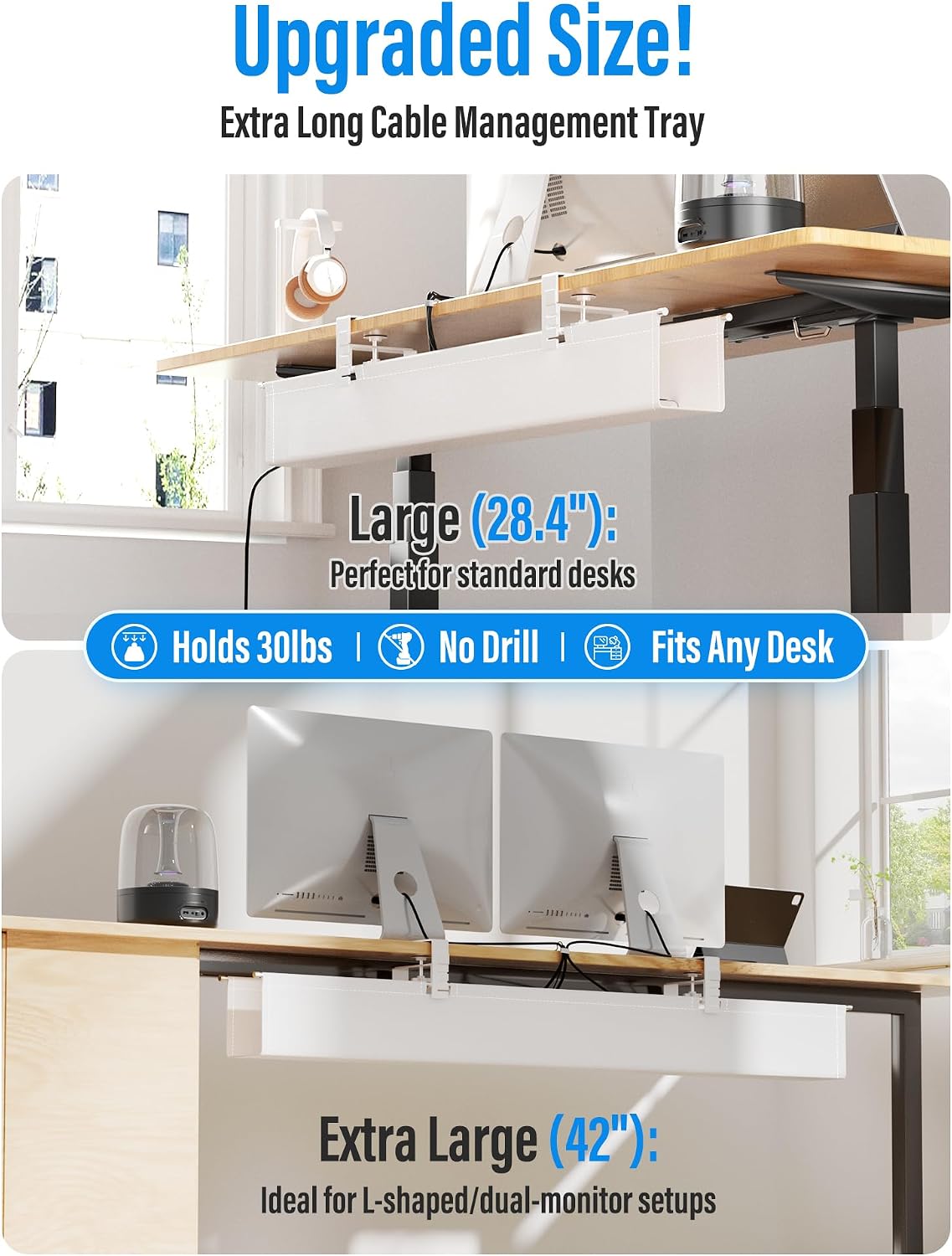 [Upgraded] Large Under Desk Cable Management Tray, Cinati Cable Management Un...