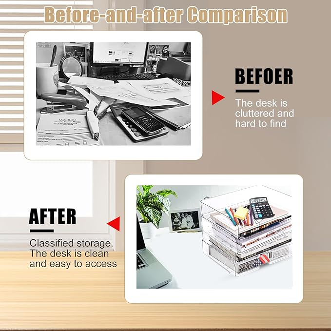 Clear Stackable Paper Trays 4 Pack, PET Letter Tray Desk Organizer, Desktop - Image 5