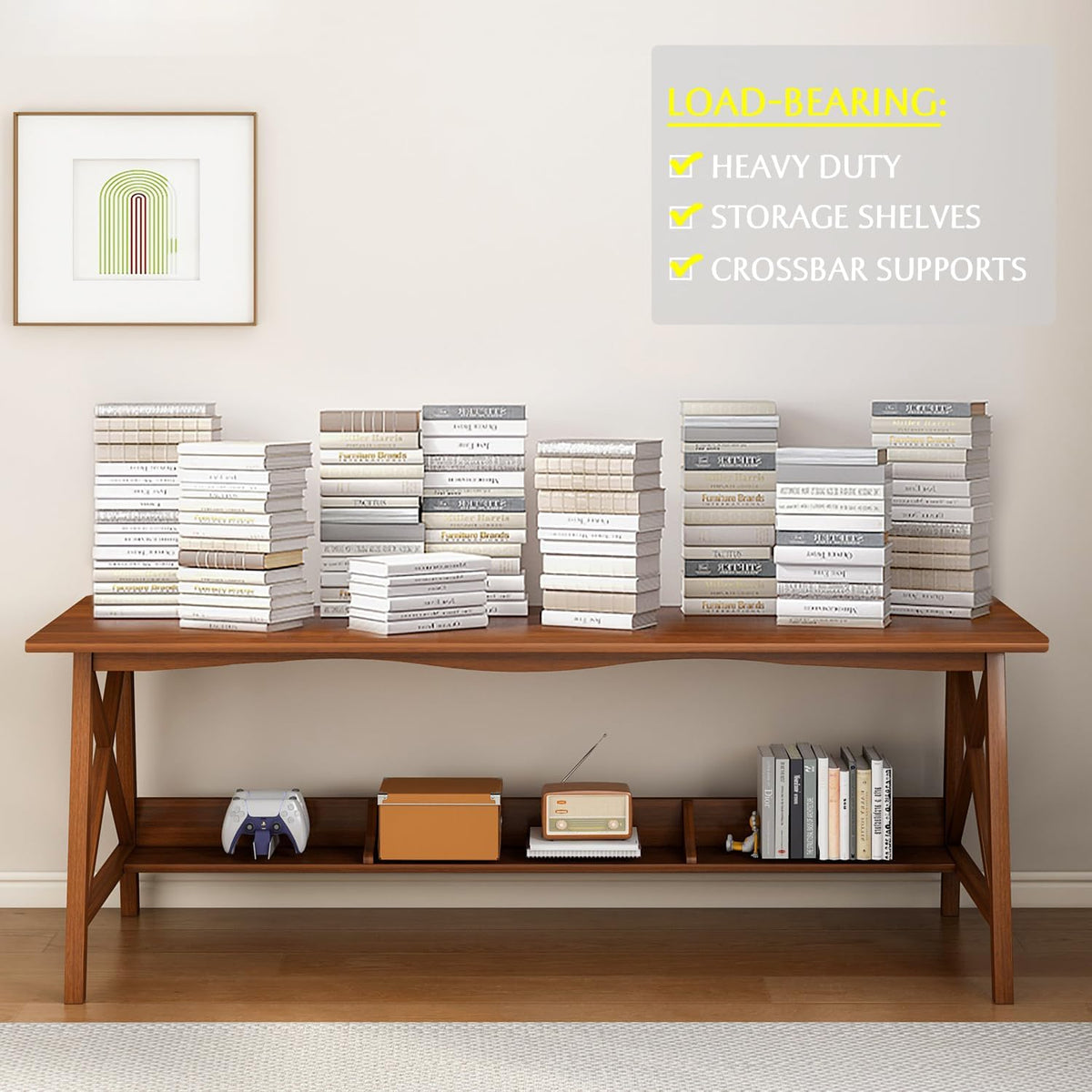 NELYE Extra Long Writing Desk with Bookshelf, 71" Wx24 Dx30 H, Walnut