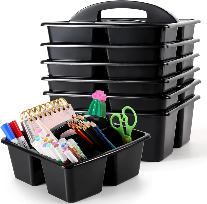 6 Pack Classroom Caddy with Handle Plastic Storage Caddy Organizer with 3 Compartments Desk Caddies Holder Portable Storage Bin for Pencil, Crayon, Marker, Home, Office, School Supplies(Black)