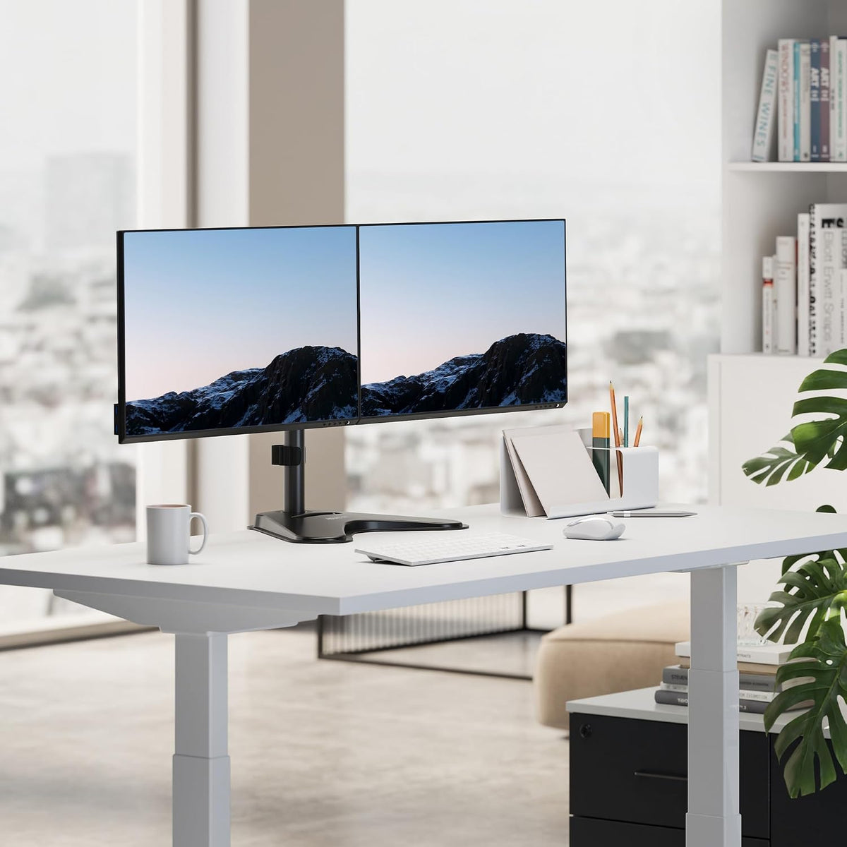 mount-it! dual monitor desk stand mount for 2 showing dimensions