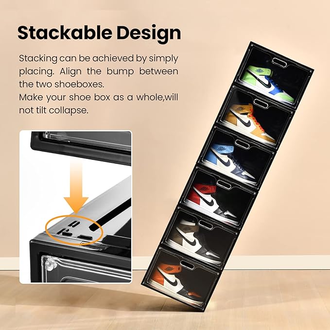 Amllas 8 Pack Shoe Boxes Black Plastic Stackable, Large Shoe Storage Organizer - Image 4