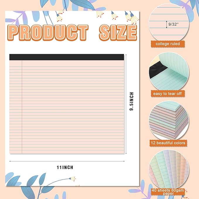 Lincia 12 Pcs 11" x 9.5" Legal Pads College Ruled Notepad Landscape Notebook - Image 2