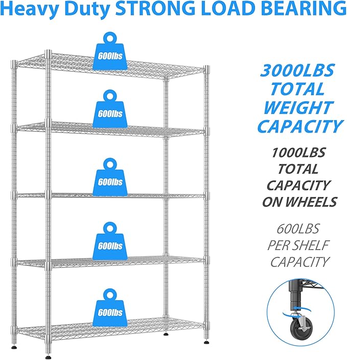 Homdox 5 Tier Storage Racks and Shelving, 3000LBS Commercial Adjustable Wire - Image 4
