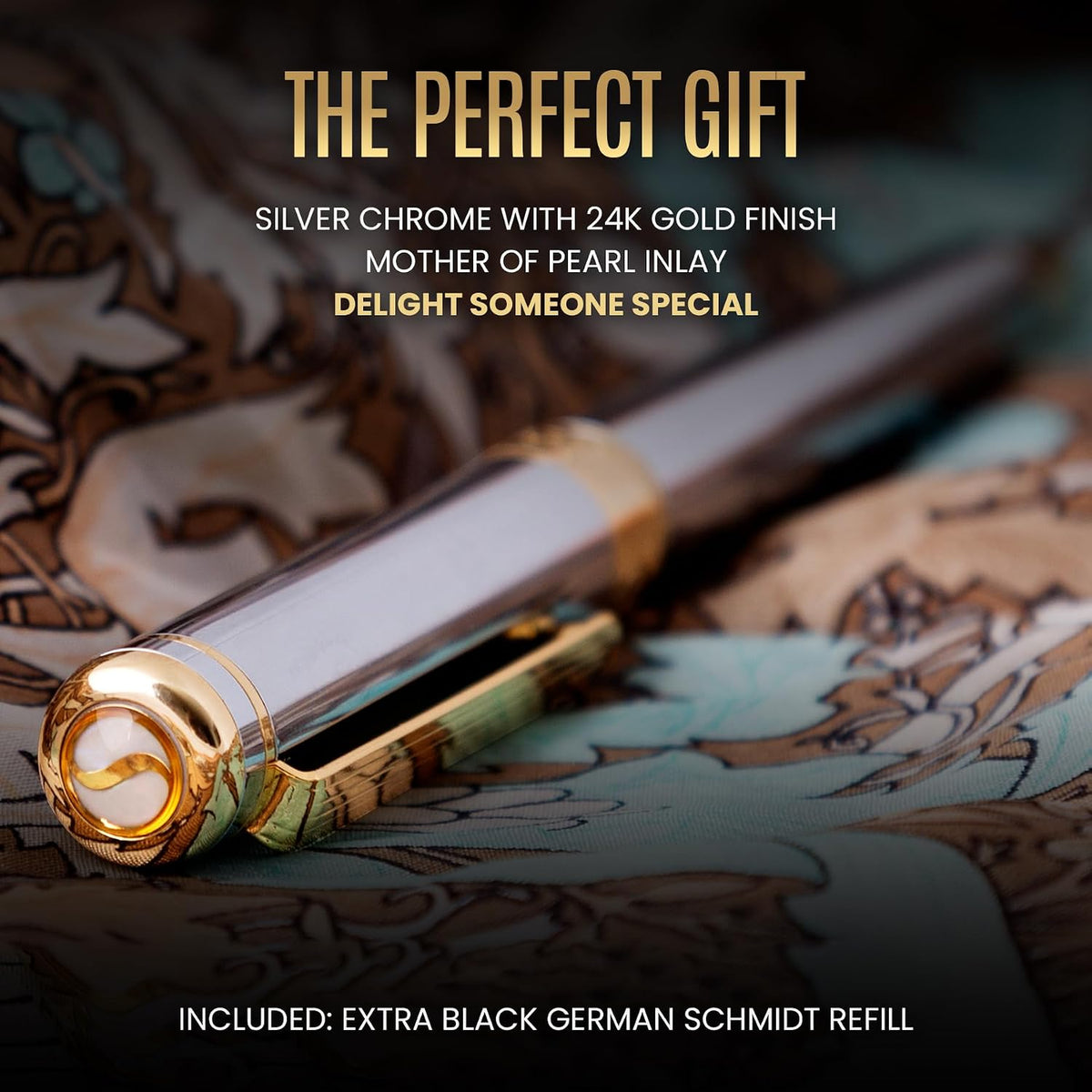 Scriveiner Silver Chrome Rollerball Pen - Stunning Luxury Pen, Real Gold Plat...