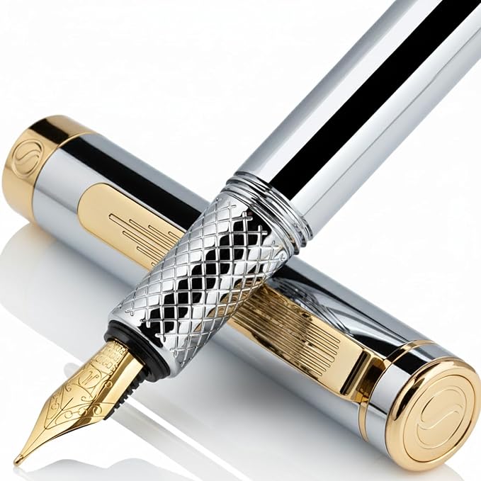 Scriveiner Luxury EDC Fountain Pen, Stunning Silver Chrome Luxury Pen, Real by Scriveiner