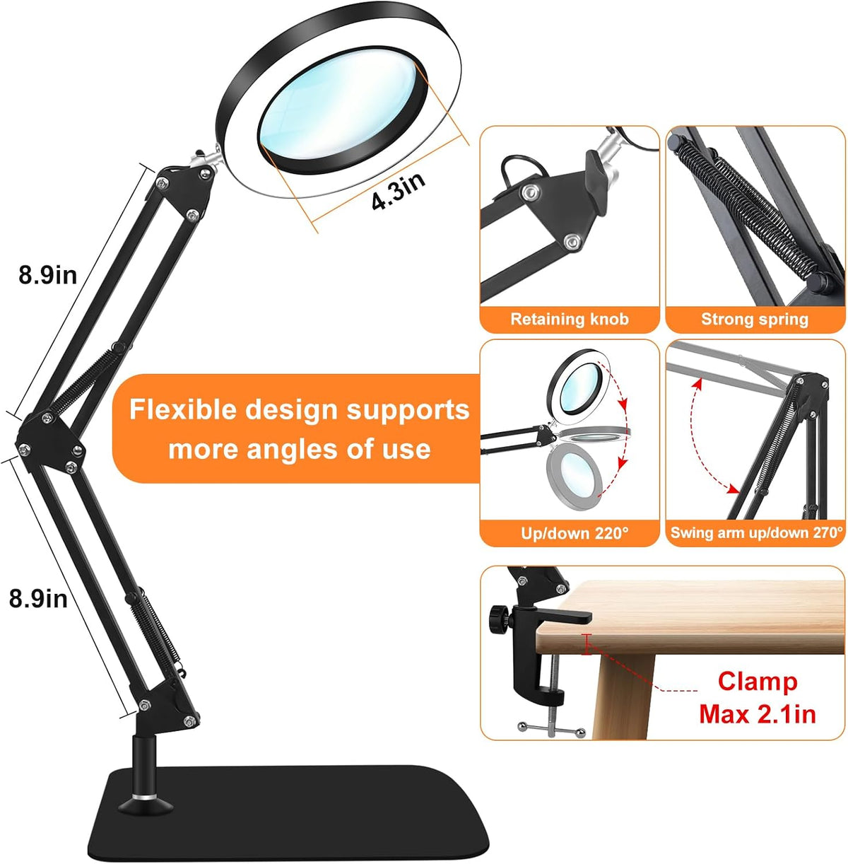 10X Magnifying Glass with Light and Stand, Dimmer Adjustable Swing Arm 2-in-1...
