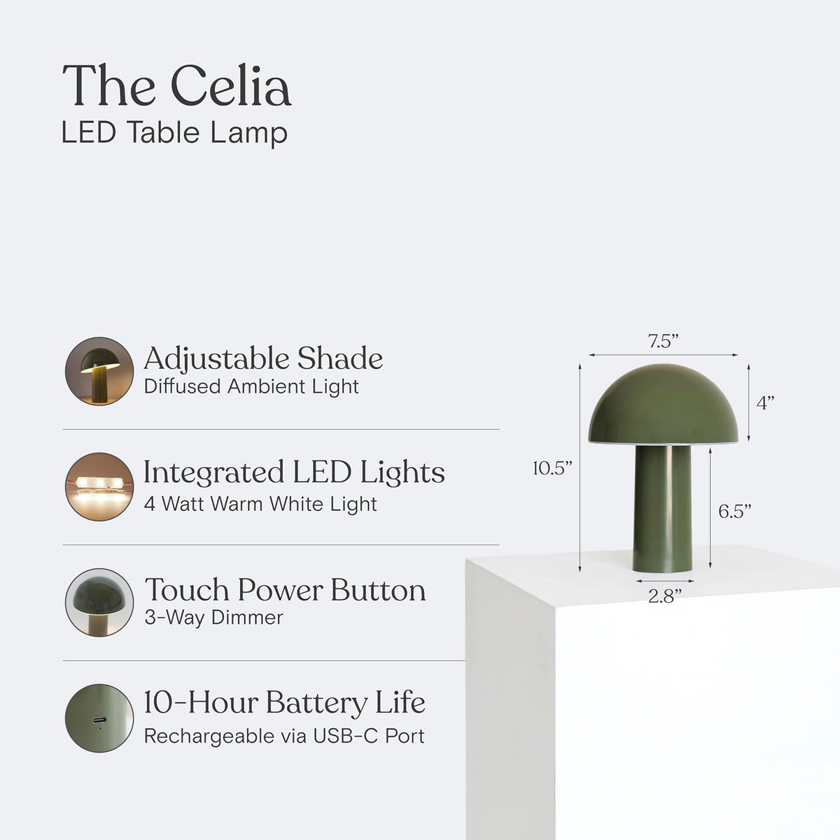 Brightech Celia Table Lamp – 10" Touch-Controlled Mushroom Accent Lamp, ...