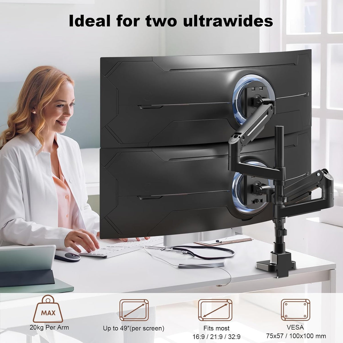 heavy duty dual monitor arm for 17-49" screens shown in use