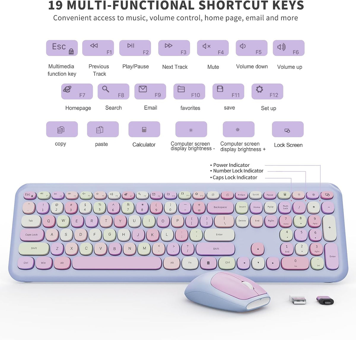 Wireless Keyboard and Mouse Combo, Colorful Ergonomic Full Size Retro Low-Noi...