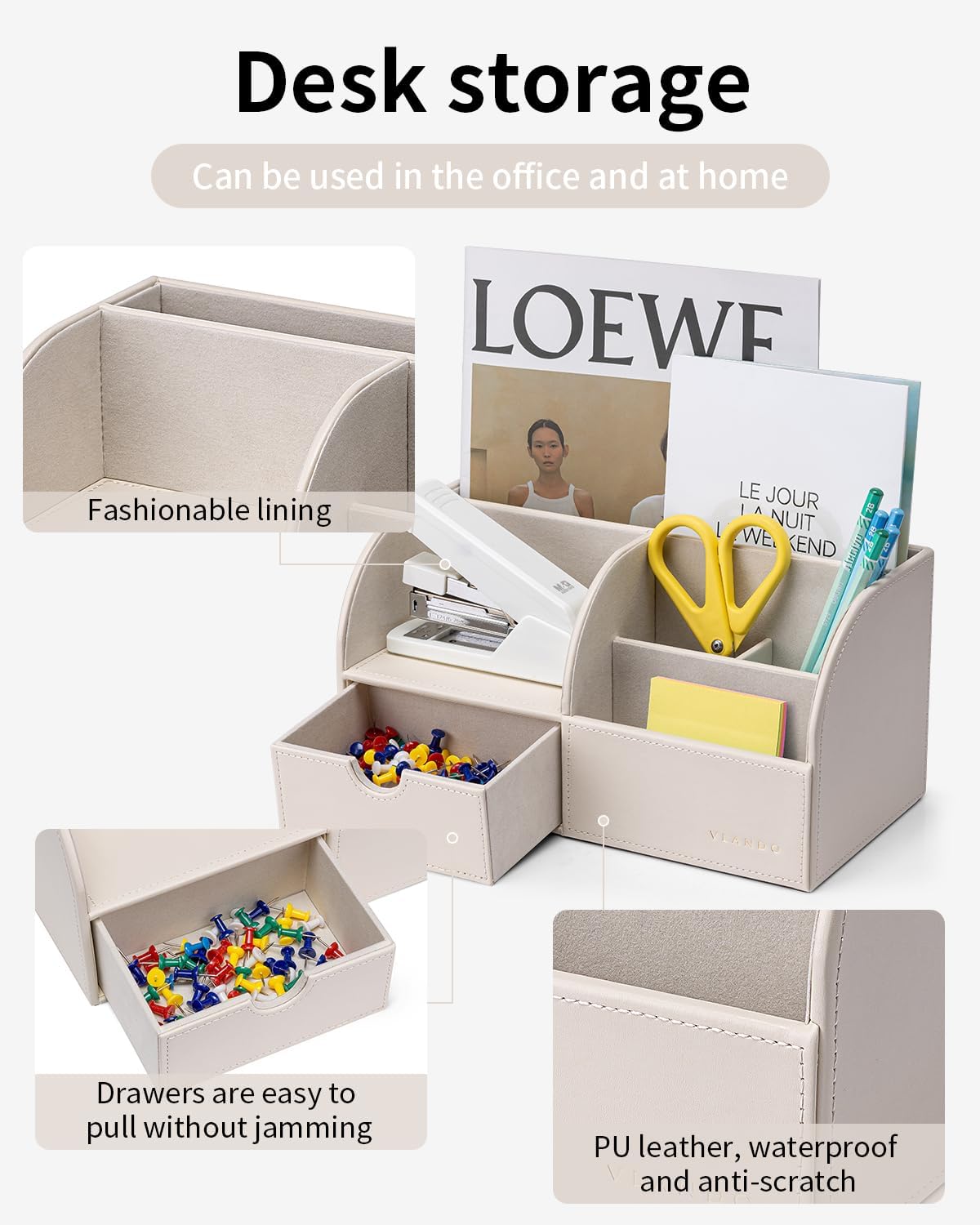 vlando office desk organizer leather desktop organizer caddy, close-up detail