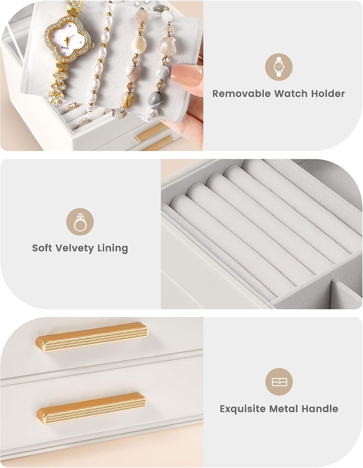 Lolalet 3-Layer Jewelry Box Organizer for Women Girls Room Decor -Beige
