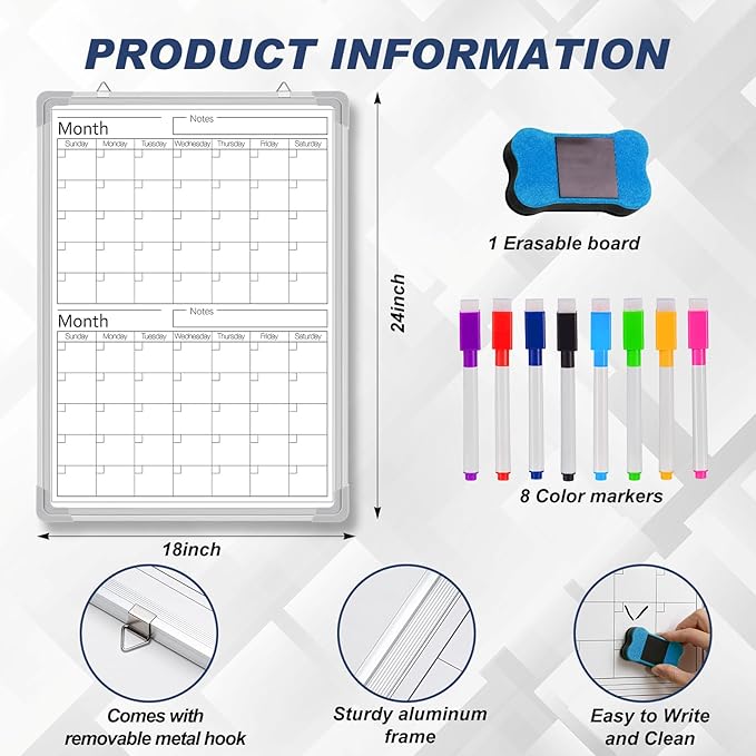Lincia 24" x 18" Magnetic Vertical 2 Month Dry Erase Calendar - Image 2