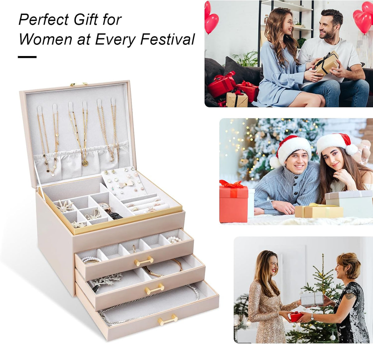 Large Jewelry Box, 4-Layer Leather Organizer, Apricot