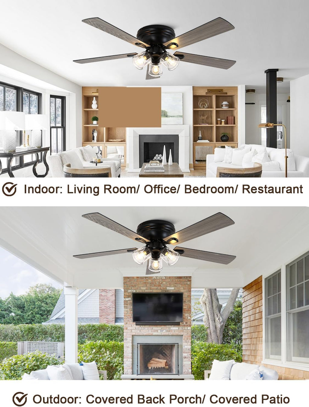 52 inch flush mount farmhouse ceiling fan with, side view