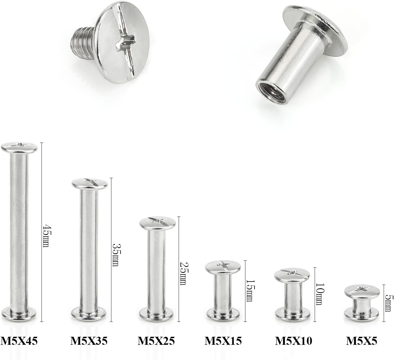 120 Pieces M5 x 5/10/15/25/35/45mm Chicago Screw Binding Screws Posts Assortment Kit for DIY Leather Bookbinding Crafts