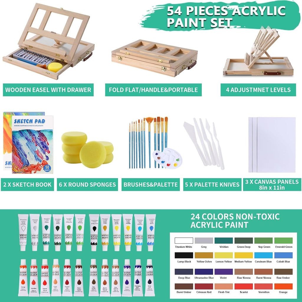 portable wooden tabletop art easel set with 24 shown in use