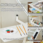 Drafting Table, Height Adjustable Art Tabe with Stool, White | 0-75° Tilting Tempered Glass Tabletop Art Drawing Table with Compartments, Trays, Rack and Drawers for Sketching Painting