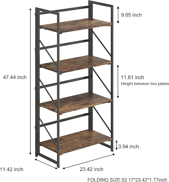 JSB No Assembly Folding Bookshelf, 4 Tier Industrial Metal Book Shelf - Image 3