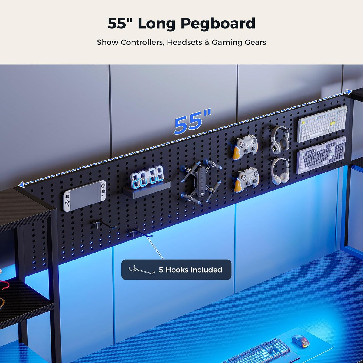 AODK 79 Inch Gaming Desk with Shelves & DIY Pegboard, PC Desk with Drawers