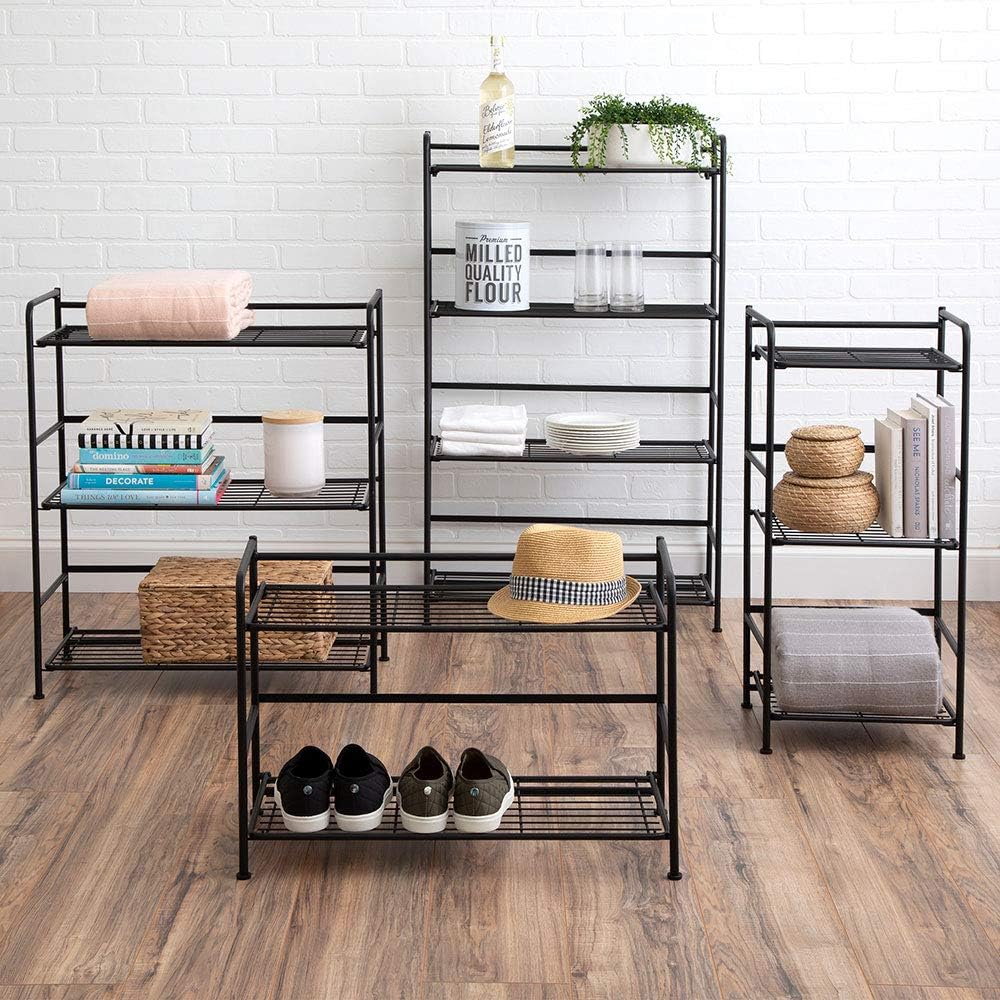 Folding Metal Bookcase, 3 Shelves, Wide, Black
