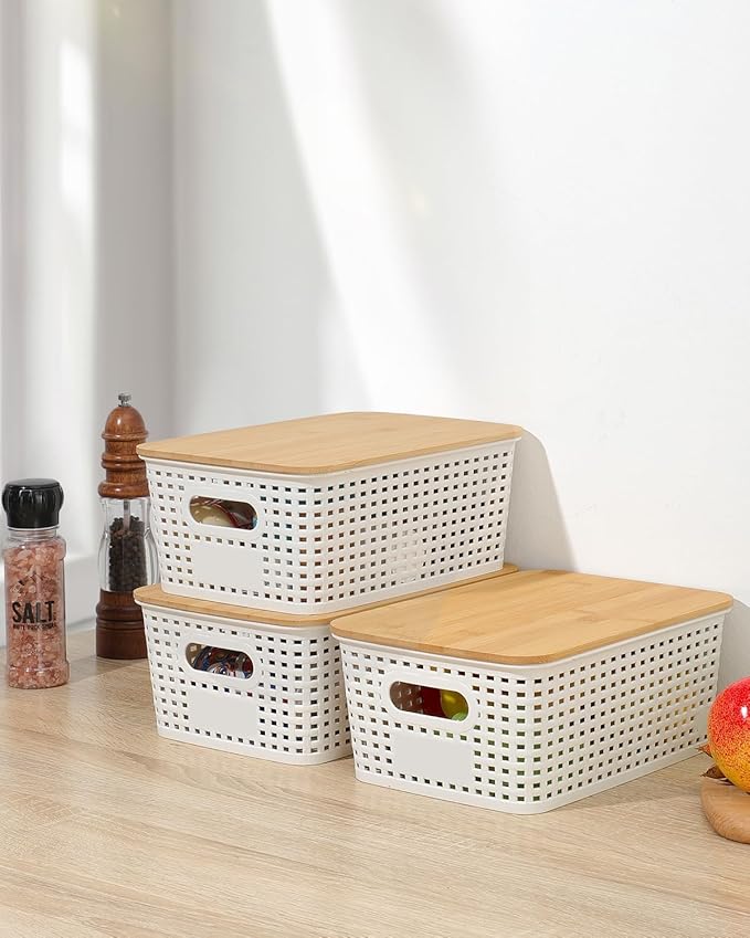 6 Pack Storage Bins with Bamboo Lids, Plastic Storage Baskets and Storage - Image 7