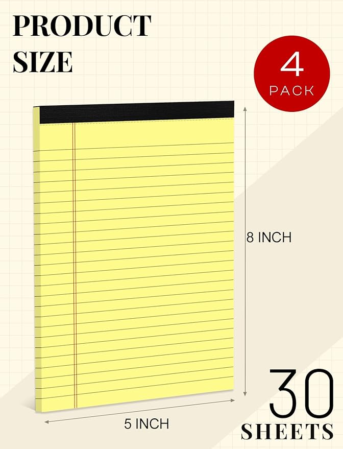 Yellow Legal Pads 5×8 Small Notepads 4 Pack Yellow Note Pads 5×8 College Ruled - Image 2