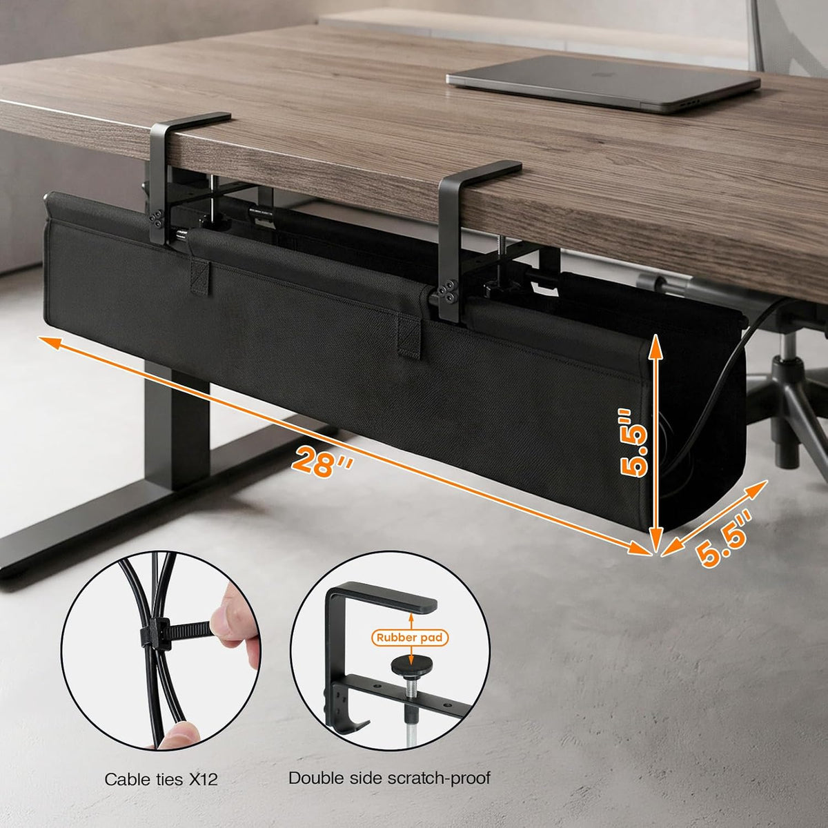 No Drill Under Desk Cable Management Tray, 28 Inch, Black